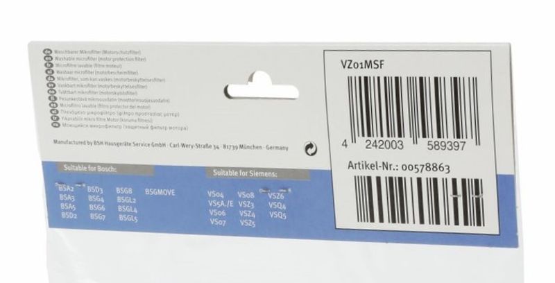 VZ01MSF Siemens vaskbart motorfilter 